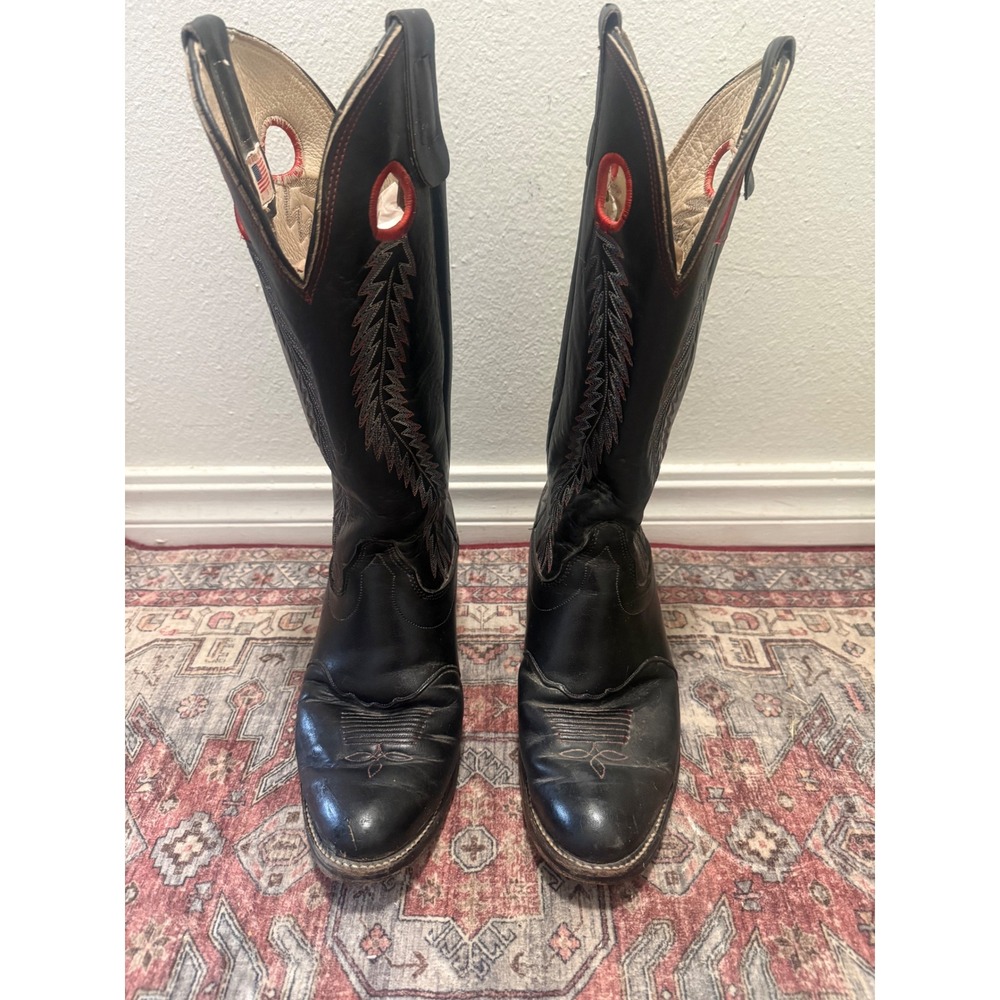 VTG Olathe Black Leather Western Boots Tall Embroidered USA Made women's 9.5